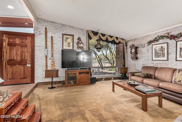 living room featuring a textured ceiling, brick wall, light colored carpet, and lofted ceiling