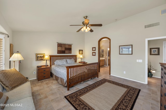 bedroom with ceiling fan and lofted ceiling