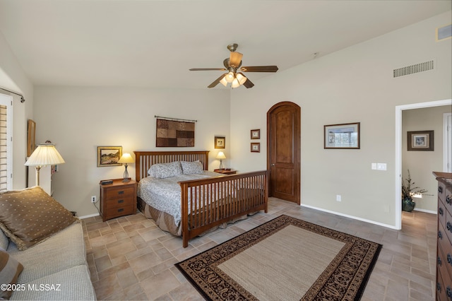 bedroom featuring vaulted ceiling and ceiling fan