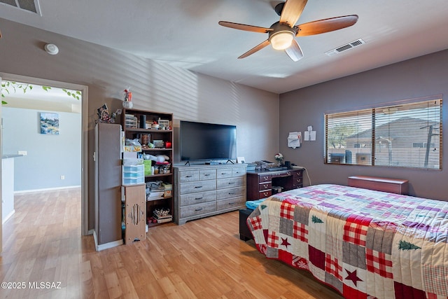 bedroom with ceiling fan and light hardwood / wood-style floors