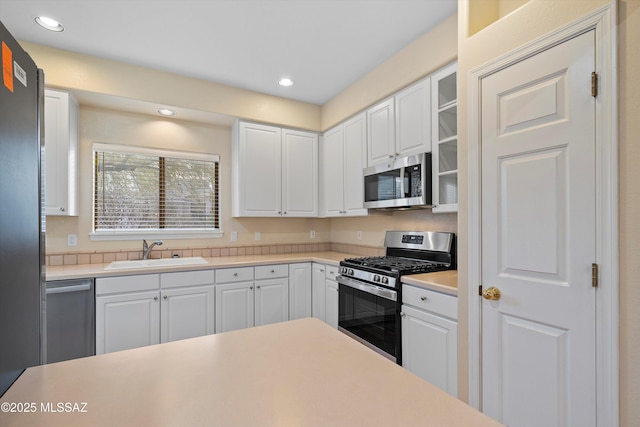 kitchen featuring stainless steel appliances, white cabinetry, and sink