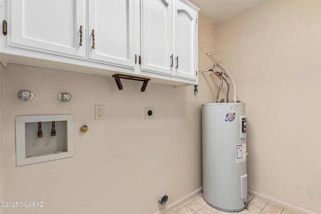 laundry room featuring cabinets, hookup for an electric dryer, water heater, gas dryer hookup, and light tile patterned flooring