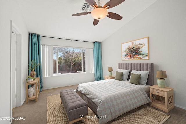 carpeted bedroom featuring ceiling fan and lofted ceiling