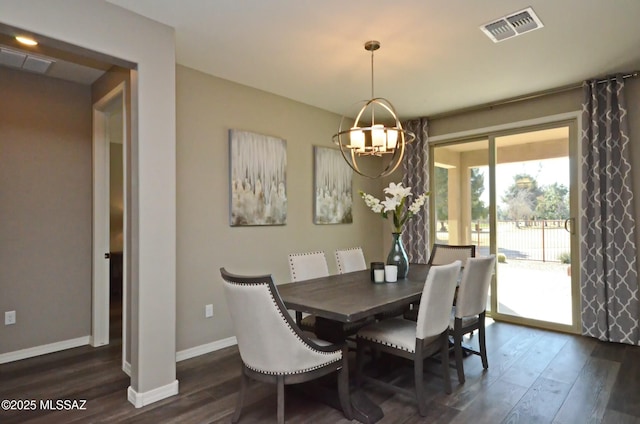 dining area featuring dark hardwood / wood-style flooring and a notable chandelier