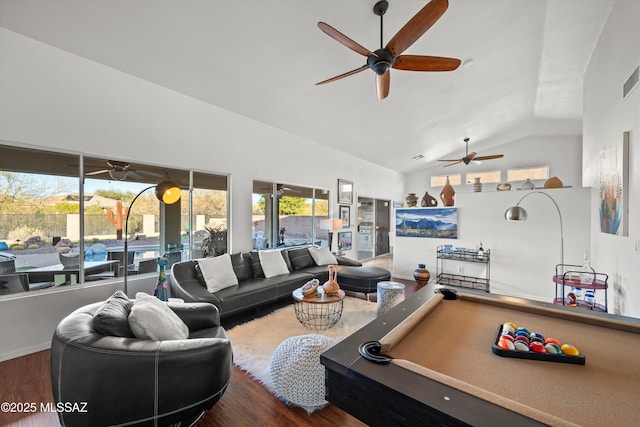 living room with billiards, dark hardwood / wood-style floors, and vaulted ceiling