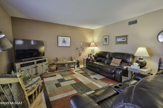 living room with a textured ceiling