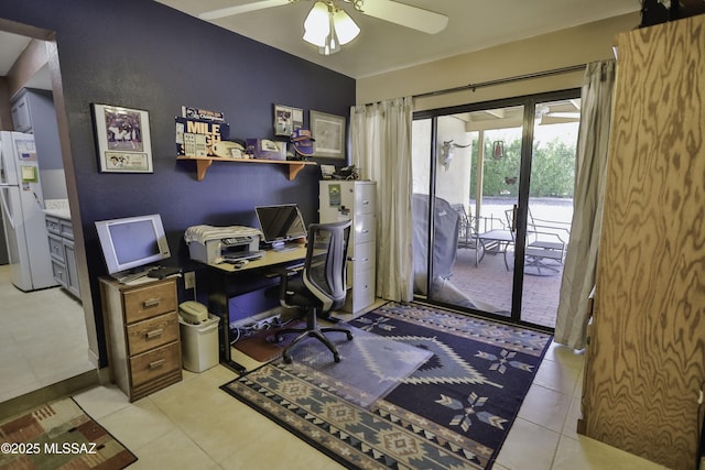 tiled home office with ceiling fan