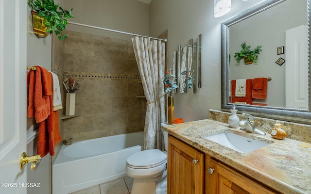 bathroom with shower / bath combination with curtain, tile patterned flooring, vanity, and toilet