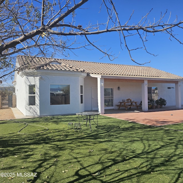 back of house featuring a patio area and a lawn