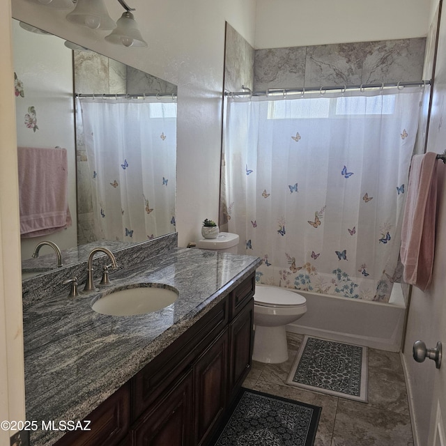 full bathroom featuring toilet, shower / bath combination with curtain, and vanity