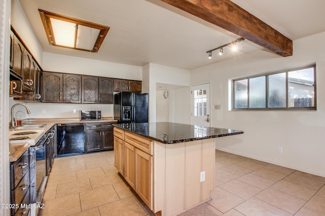 kitchen with sink, light tile patterned floors, beam ceiling, black appliances, and a kitchen island