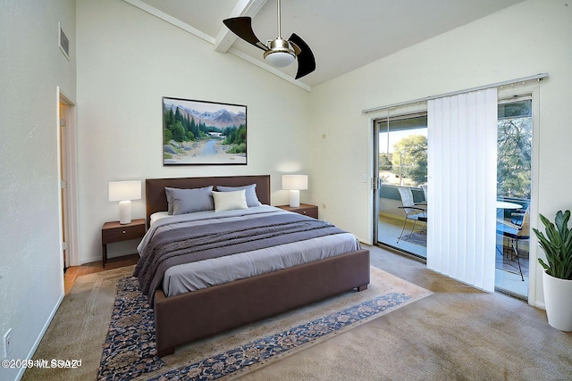 carpeted bedroom featuring beam ceiling, access to outside, high vaulted ceiling, and ceiling fan