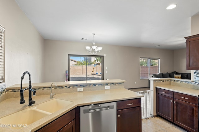 7585 E Majestic Palm Ln, Tucson, AZ 85756 - kitchen with stainless steel dishwasher, a sink, a chandelier, tasteful backsplash, and healthy amount of natural light