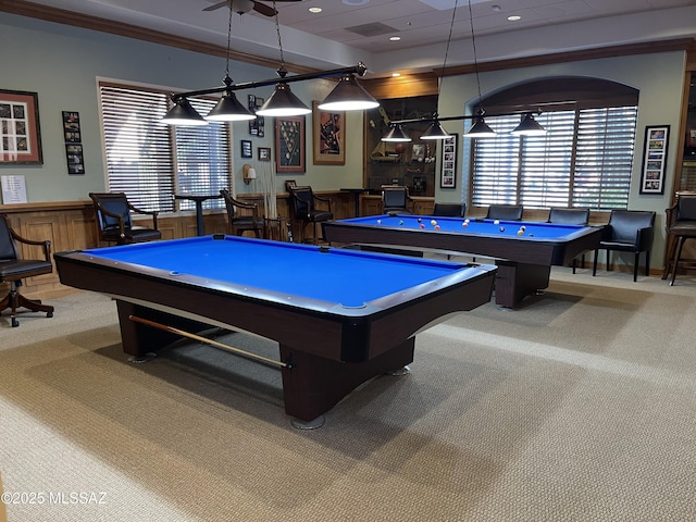 game room featuring carpet, a wealth of natural light, and billiards