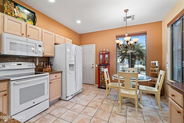 kitchen featuring decorative light fixtures, backsplash, a chandelier, light brown cabinets, and white appliances