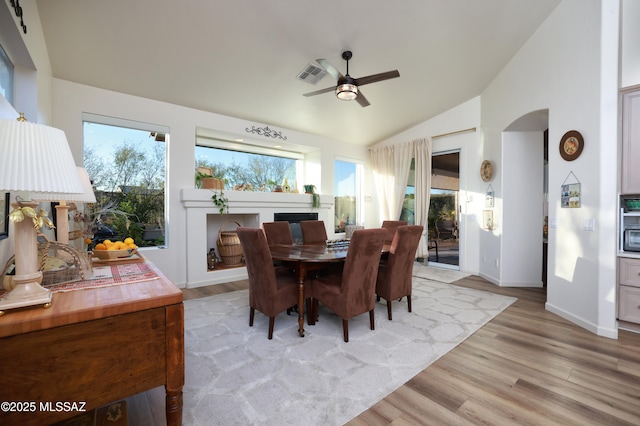 dining area with ceiling fan, a wealth of natural light, lofted ceiling, and light hardwood / wood-style floors