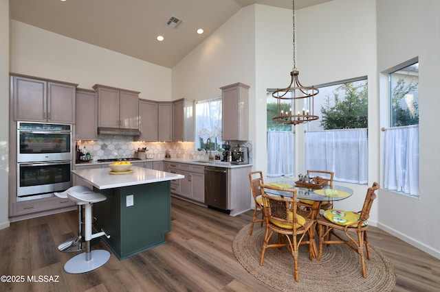 kitchen with stainless steel appliances, backsplash, high vaulted ceiling, pendant lighting, and a center island