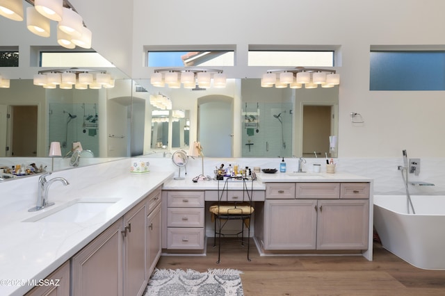 bathroom with separate shower and tub, vanity, and hardwood / wood-style floors