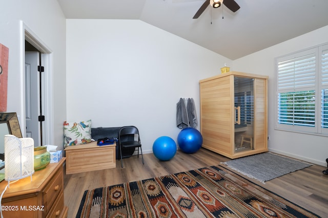 exercise room featuring ceiling fan, vaulted ceiling, and hardwood / wood-style flooring