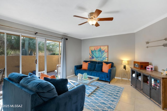 tiled living room featuring ceiling fan and ornamental molding