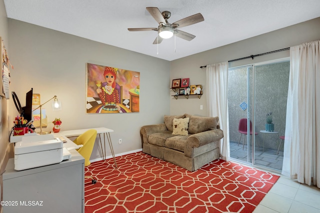 living room with tile patterned flooring and ceiling fan