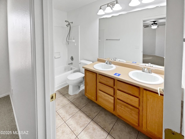 full bathroom with vanity, shower / washtub combination, tile patterned flooring, ceiling fan, and toilet