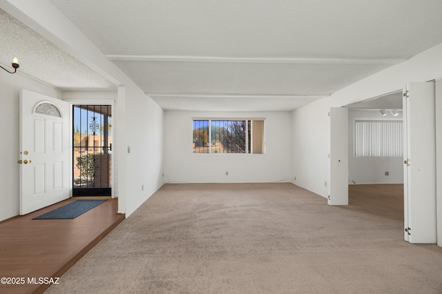 entryway featuring light colored carpet and a textured ceiling