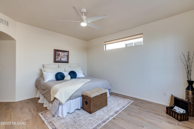 bedroom with light wood-type flooring and ceiling fan