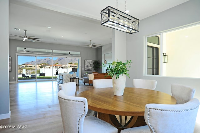 dining room with ceiling fan with notable chandelier and light hardwood / wood-style flooring