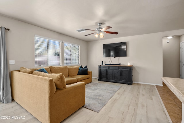 living room with ceiling fan and wood-type flooring