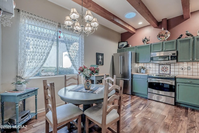 dining room featuring beam ceiling, a notable chandelier, and wood finished floors