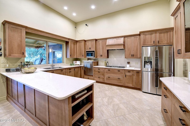 kitchen featuring appliances with stainless steel finishes, sink, a high ceiling, light tile patterned floors, and custom range hood