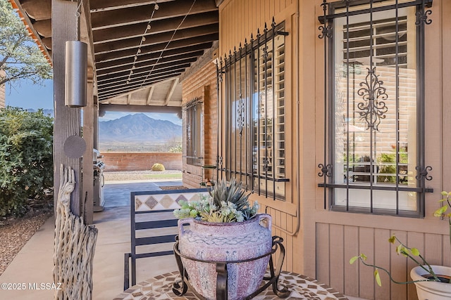 view of patio featuring a mountain view