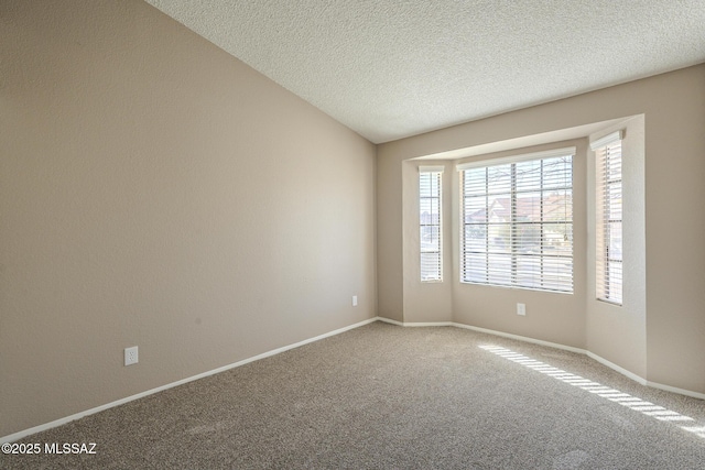 carpeted spare room featuring lofted ceiling and a textured ceiling