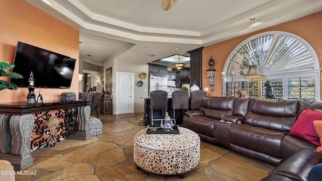 living room with a tray ceiling