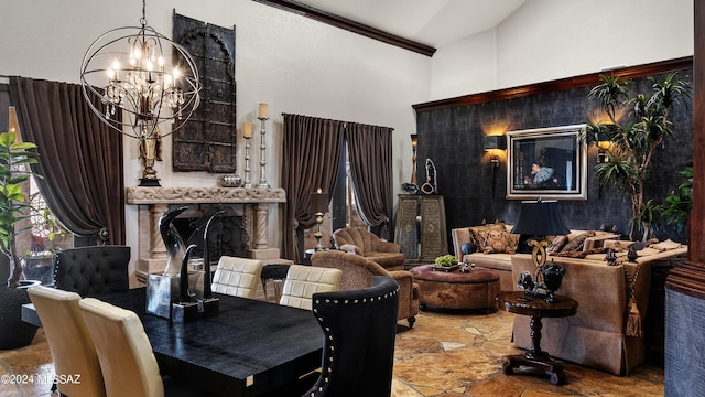 dining area with high vaulted ceiling and a notable chandelier