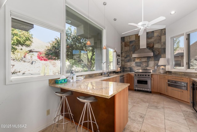 kitchen featuring kitchen peninsula, stainless steel appliances, decorative backsplash, light stone countertops, and wall chimney exhaust hood