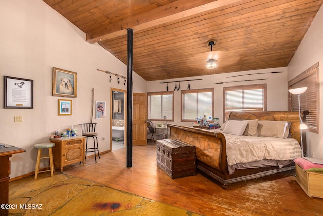 bedroom with vaulted ceiling with beams, wooden ceiling, and hardwood / wood-style flooring