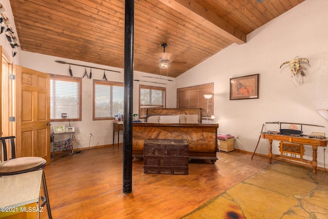 bedroom featuring vaulted ceiling with beams, ceiling fan, wood ceiling, and hardwood / wood-style flooring