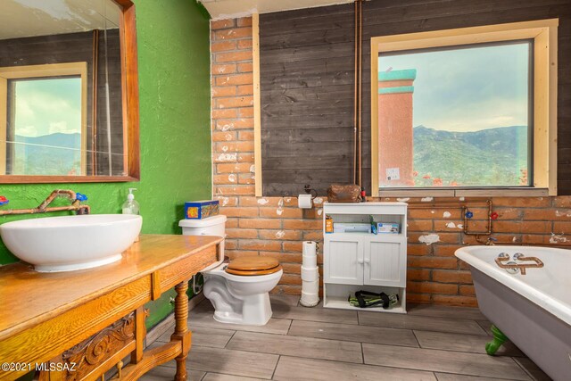 bathroom featuring a mountain view, toilet, a bathing tub, and sink