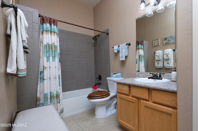 full bathroom featuring tile patterned flooring, backsplash, toilet, shower / bath combo with shower curtain, and vanity