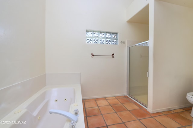 bathroom with shower with separate bathtub, toilet, and tile patterned floors