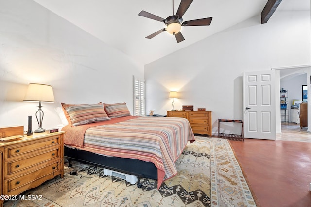 bedroom featuring high vaulted ceiling, ceiling fan, and beamed ceiling