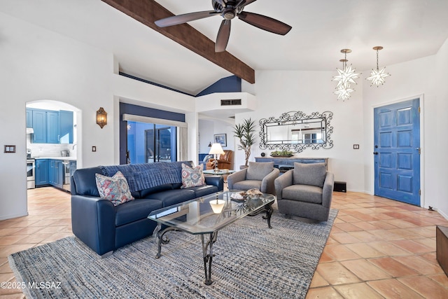 tiled living room featuring ceiling fan and vaulted ceiling with beams