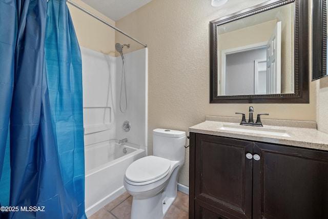 full bathroom with toilet, vanity, tile patterned floors, and shower / bathtub combination with curtain