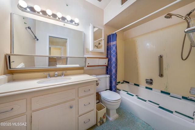 full bath with toilet, shower / tub combo, vanity, and visible vents