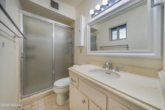 bathroom featuring toilet, a stall shower, vanity, and visible vents