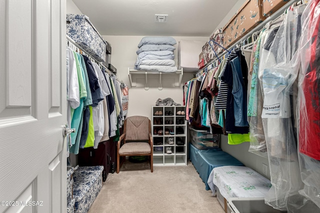 walk in closet with light colored carpet