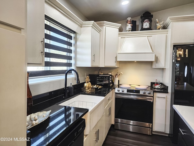 kitchen with white cabinetry, dishwasher, dark hardwood / wood-style floors, premium range hood, and electric stove