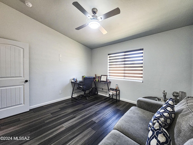 home office featuring ceiling fan and dark wood-type flooring